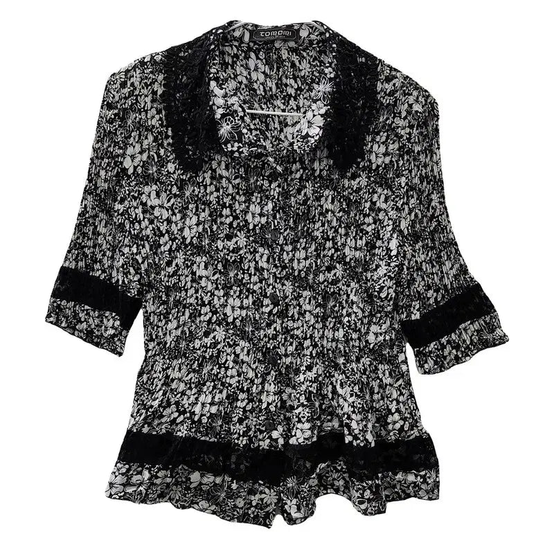 [BUNJANG] Vintage Frill Pleats Flower Blouse M-L / 빈티지 프릴 플리츠 플라워 블라우스 M-L