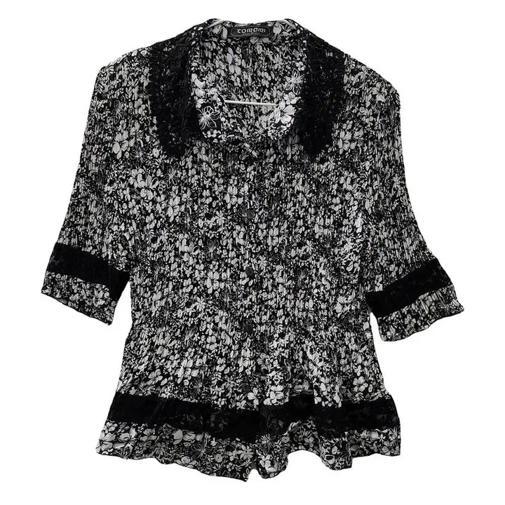 [BUNJANG] Vintage Frill Pleats Flower Blouse M-L / 빈티지 프릴 플리츠 플라워 블라우스 M-L