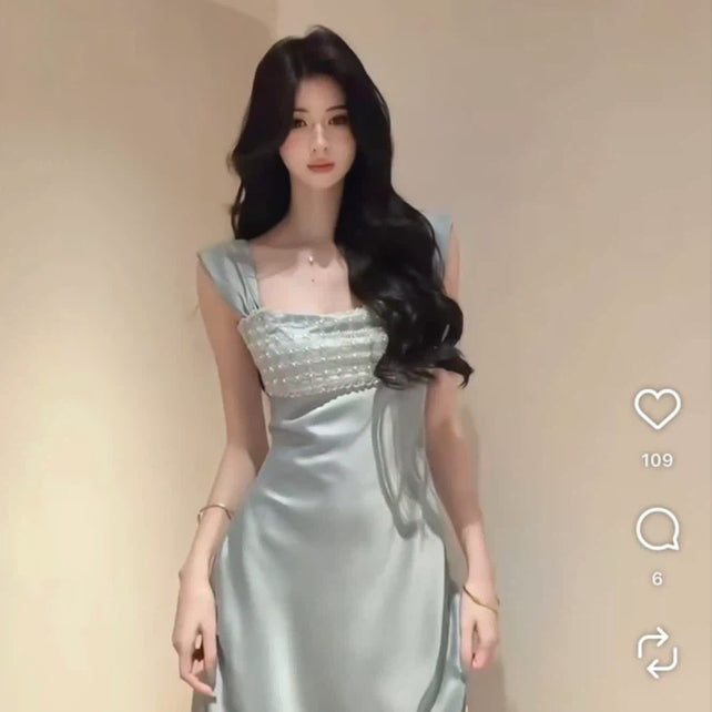[BUNJANG] Sky Blue Silk Long One-Piece Dress for Prom Party, After Party, Bridal Shower / 하늘색 프롬파티 애프터파티 브라이덜샤워 드레스