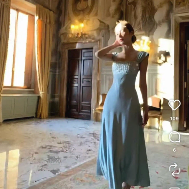 [BUNJANG] Sky Blue Silk Long One-Piece Dress for Prom Party, After Party, Bridal Shower / 하늘색 프롬파티 애프터파티 브라이덜샤워 드레스