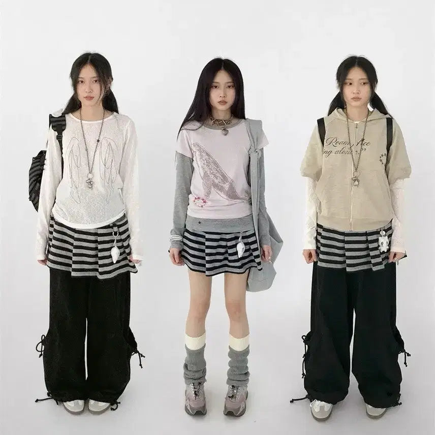 [BUNJANG] Stripe Mini Skirt Layered Skirt / 서브컬처 스트라이프 미니 스커트 레이어드 스커트