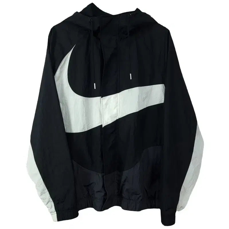[BUNJANG] Nike Big Swoosh High Neck Oversized Hooded Windbreaker Jacket Black / 나이키 빅스우시 하이넥 오버핏 후드 바람막이 자켓 블랙 M20523