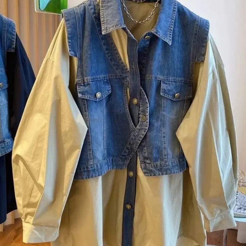 [BUNJANG] Khaki Denim Layered Oversized Shirt / 카키색  데님 레이어드 셔츠