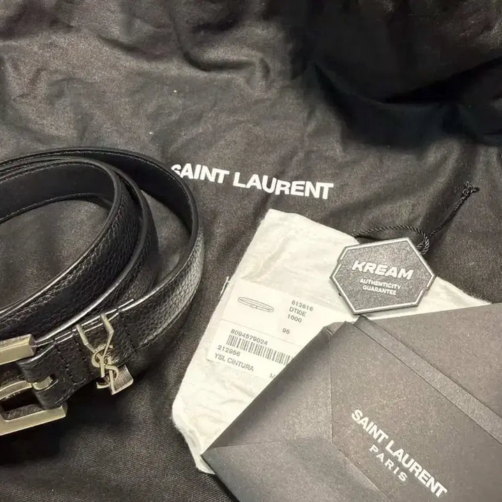 [BUNJANG] Saint Laurent Grained Leather Silver Monogram Slim Belt Black / 생로랑 그레인드 레더 실버 모노그램 슬림 벨트 블랙