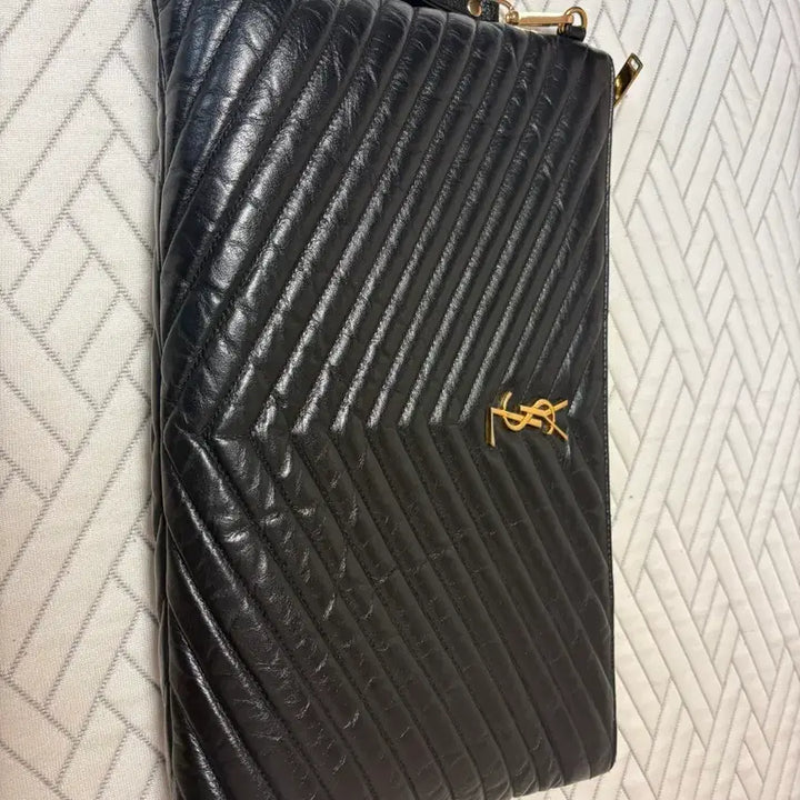 [BUNJANG] Saint Laurent Black Leather Quilted Clutch Bag / 생로랑 블랙 레더 클러치 백