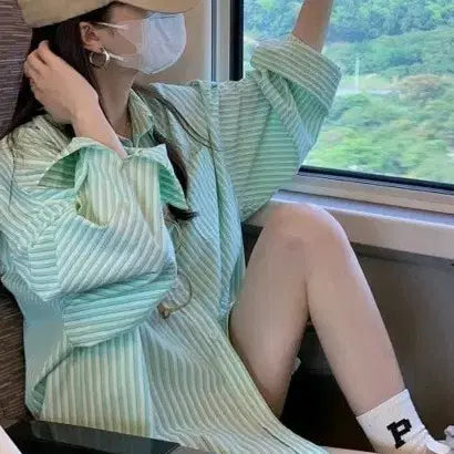 [BUNJANG] Mint Stripe Oversized Fit Shirt / 민트 스트라이프 셔츠
