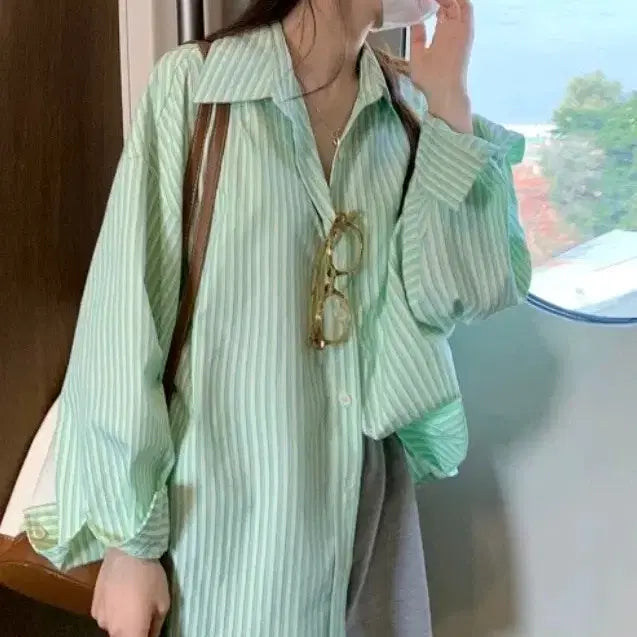 [BUNJANG] Mint Stripe Oversized Fit Shirt / 민트 스트라이프 셔츠