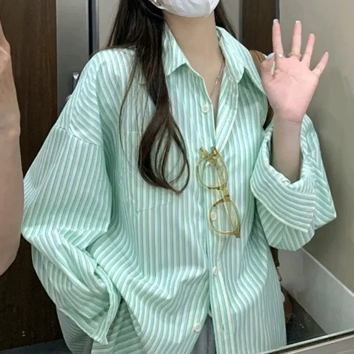 [BUNJANG] Mint Stripe Oversized Fit Shirt / 민트 스트라이프 셔츠
