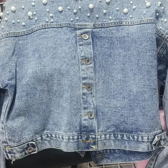 [BUNJANG] Pearl Detail Denim Jacket (Size 55-66) / 진주 데님 청자켓 55~66