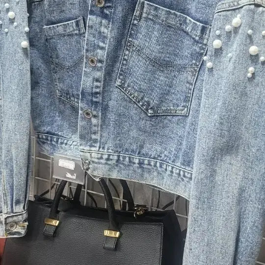[BUNJANG] Pearl Detail Denim Jacket (Size 55-66) / 진주 데님 청자켓 55~66
