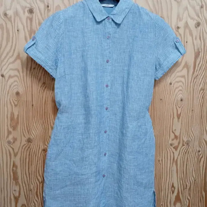 [BUNJANG] BCBG Linen Blue Stripe Waist String Long Shirt Dress / 비씨비지 린넨 블루 스트라이프 허리 스트링 롱 셔츠 겸 원피스 85