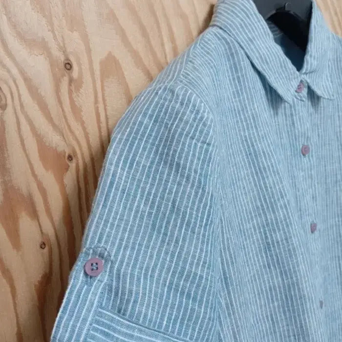 [BUNJANG] BCBG Linen Blue Stripe Waist String Long Shirt Dress / 비씨비지 린넨 블루 스트라이프 허리 스트링 롱 셔츠 겸 원피스 85