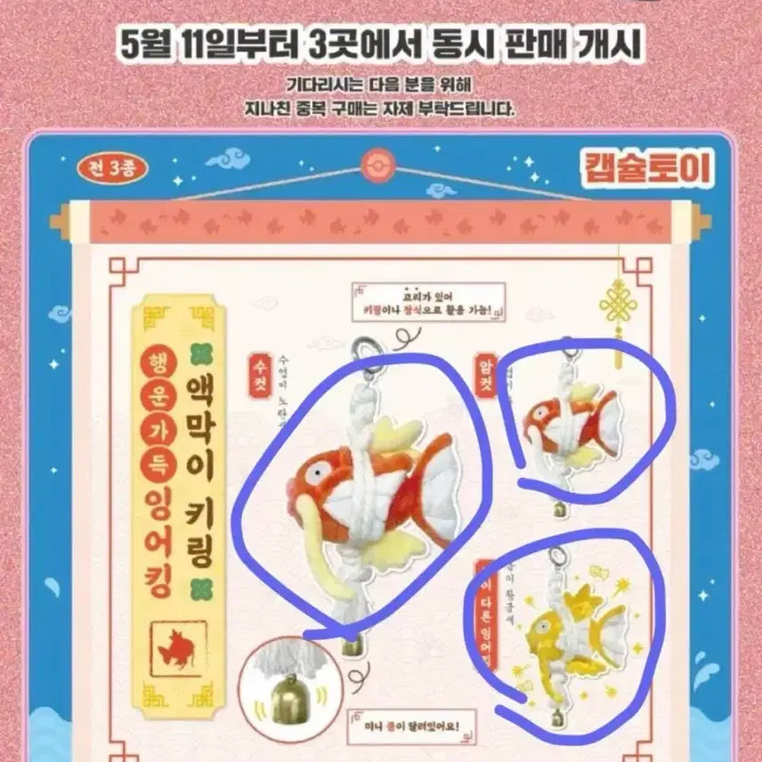 [SOLD OUT] 포켓몬 행운가득 잉어킹 액막이 키링 캡슐 암수 황금 이로치 미개봉 3종