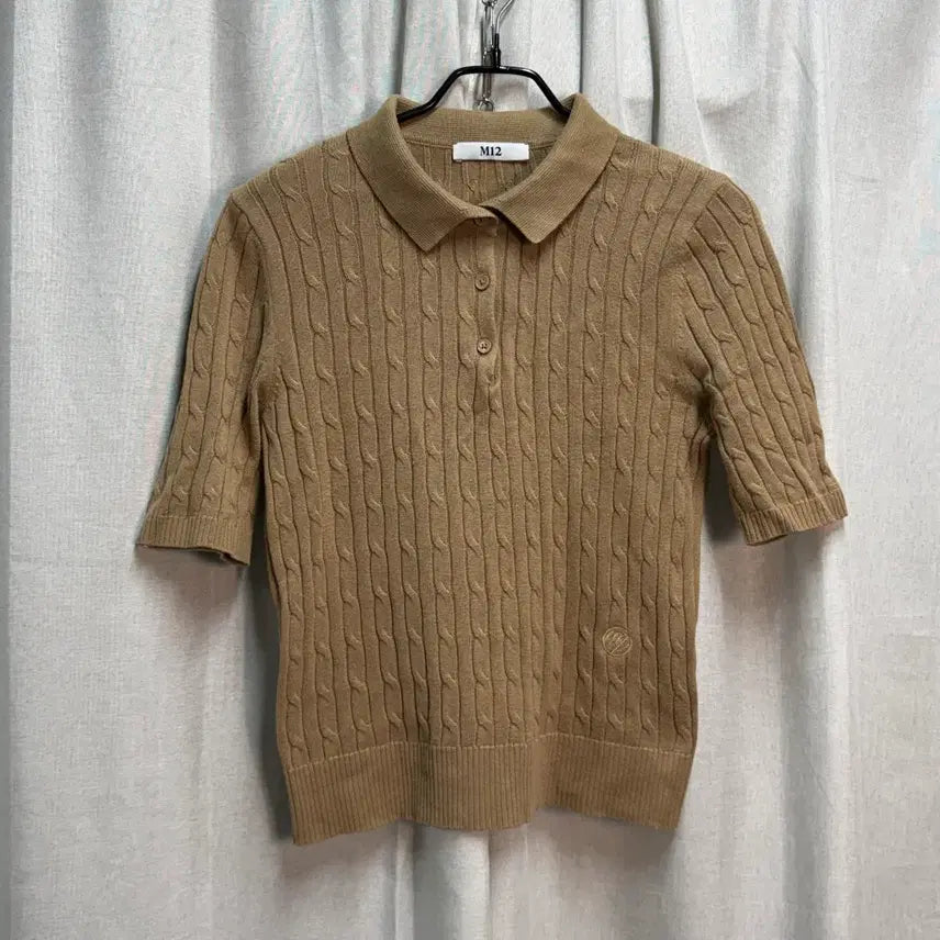 [BUNJANG] M12 Cable Knit Short Cropped Short Sleeve Polo T-Shirt Brown / [FREE] M12 케이블 니트 숏 크롭 반팔 카라티 브라운