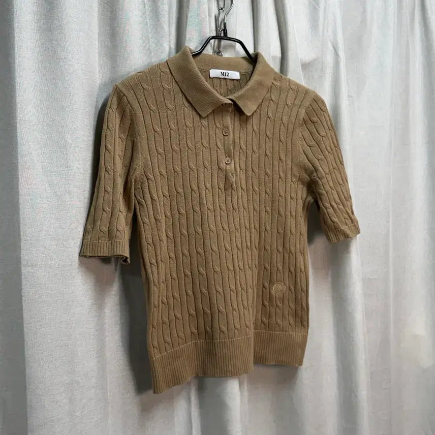 [BUNJANG] M12 Cable Knit Short Cropped Short Sleeve Polo T-Shirt Brown / [FREE] M12 케이블 니트 숏 크롭 반팔 카라티 브라운