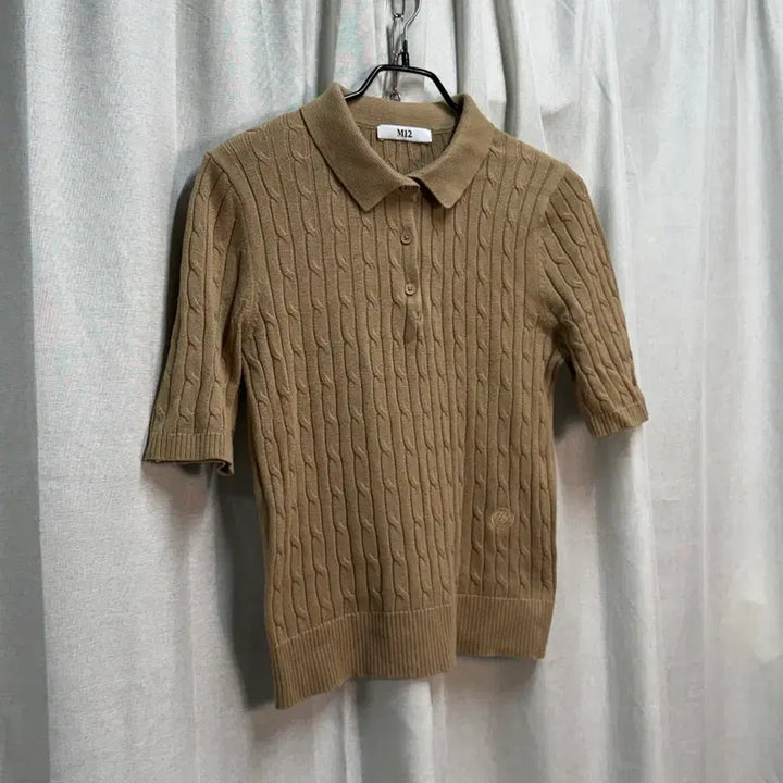 [BUNJANG] M12 Cable Knit Short Cropped Short Sleeve Polo T-Shirt Brown / [FREE] M12 케이블 니트 숏 크롭 반팔 카라티 브라운