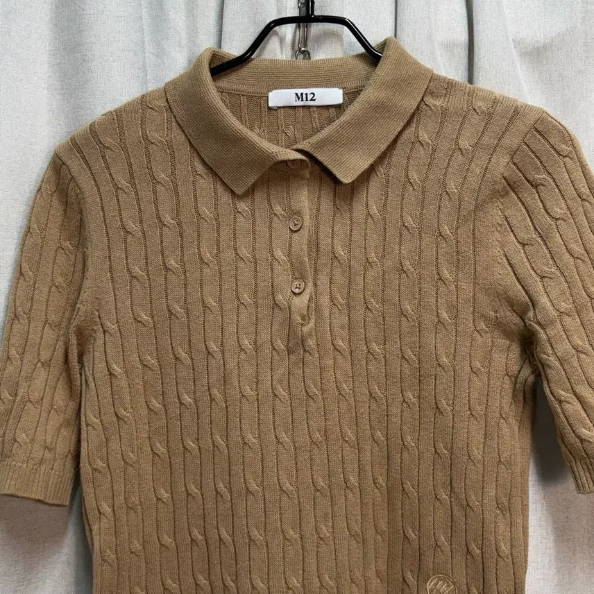 [BUNJANG] M12 Cable Knit Short Cropped Short Sleeve Polo T-Shirt Brown / [FREE] M12 케이블 니트 숏 크롭 반팔 카라티 브라운
