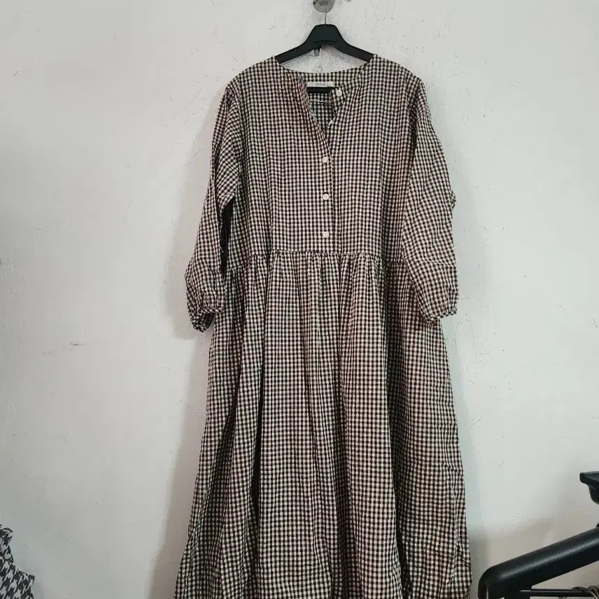 [BUNJANG] Checkered Long Sleeve Maxi Dress / 체크 롱 원피스 긴팔 free 사이즈