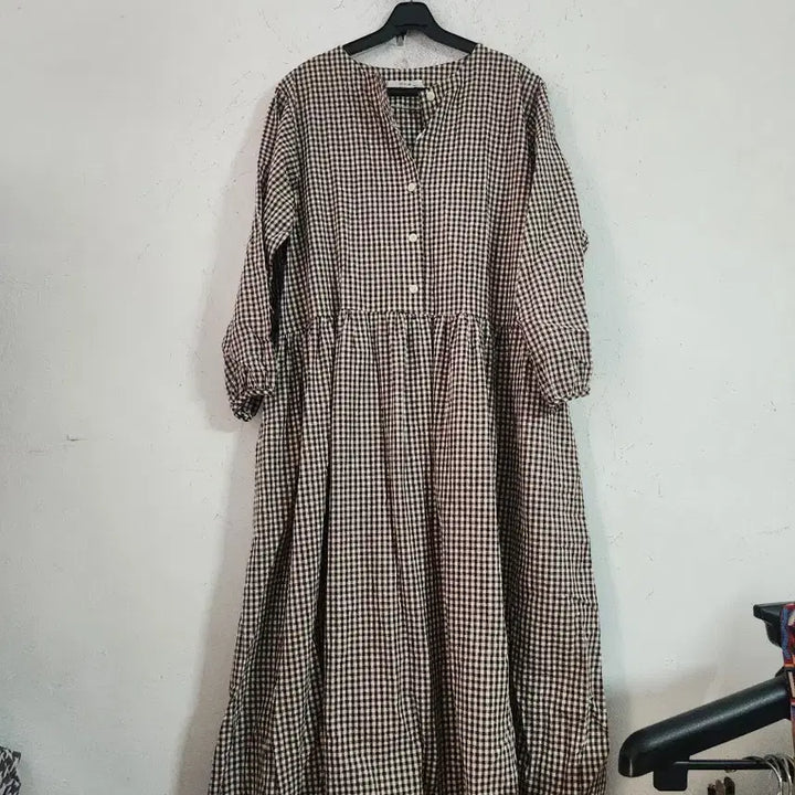 [BUNJANG] Checkered Long Sleeve Maxi Dress / 체크 롱 원피스 긴팔 free 사이즈