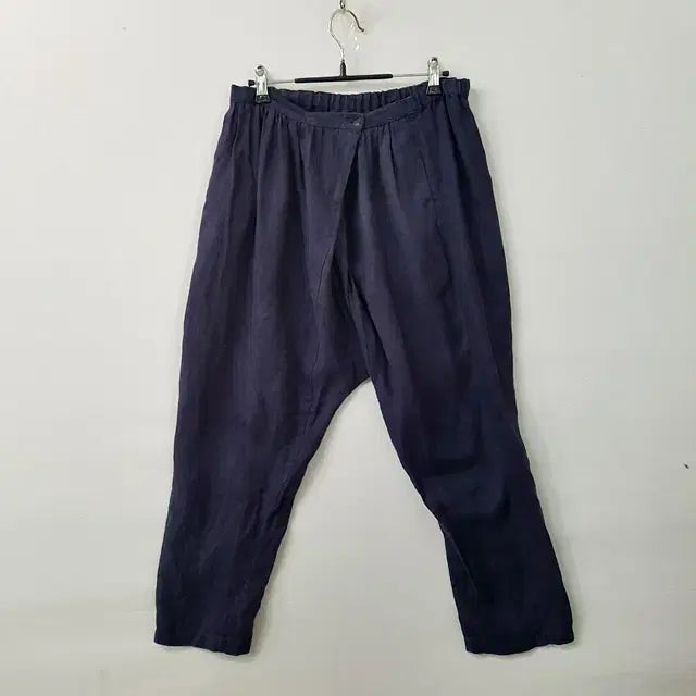 [BUNJANG] Navy 100% Linen Relaxed Fit Cropped Pants / 네이비 린넨 100% 밴딩 배기 팬츠