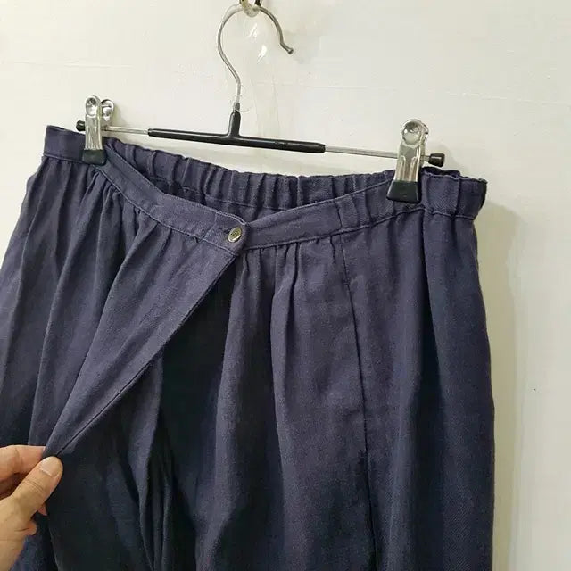 [BUNJANG] Navy 100% Linen Relaxed Fit Cropped Pants / 네이비 린넨 100% 밴딩 배기 팬츠