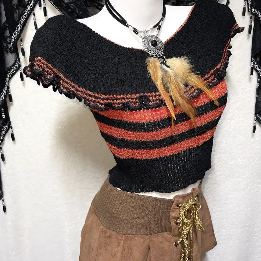 [BUNJANG] Chocolat Off-Shoulder Knit Top / 라떼갸루 쇼콜라 오네 히피 웨스턴 오프숄더 니트탑 너드 페어리그런지 핀터