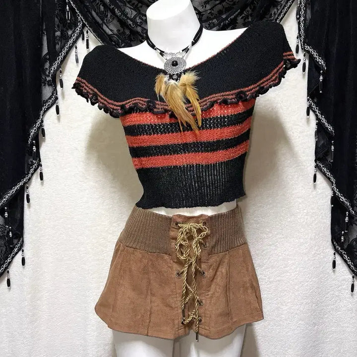 [BUNJANG] Chocolat Off-Shoulder Knit Top / 라떼갸루 쇼콜라 오네 히피 웨스턴 오프숄더 니트탑 너드 페어리그런지 핀터