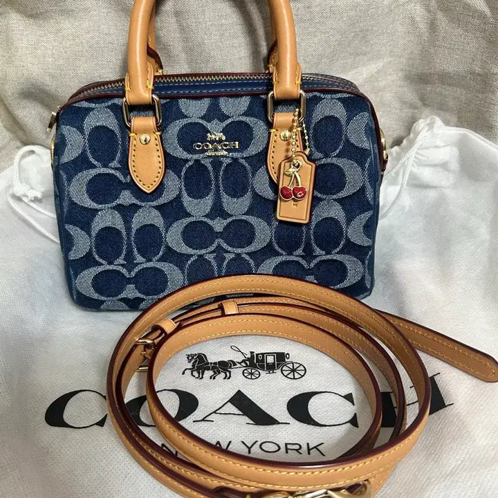 [BUNJANG] Coach Rowan Mini Crossbody Bag with Cherry Charm / 코치 미니 로완 데님 (체리 참 장식)