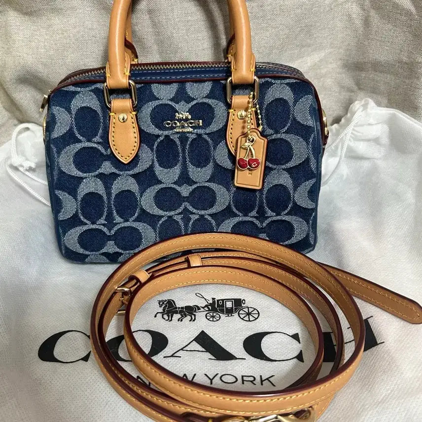 [BUNJANG] Coach Rowan Mini Crossbody Bag with Cherry Charm / 코치 미니 로완 데님 (체리 참 장식)