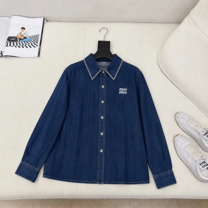 [BUNJANG] Miu Miu Crystal Stone Denim Shirt Indigo / 새상품)수입의류 미우미우 진청 크리스탈 스톤 데님 청 셔츠