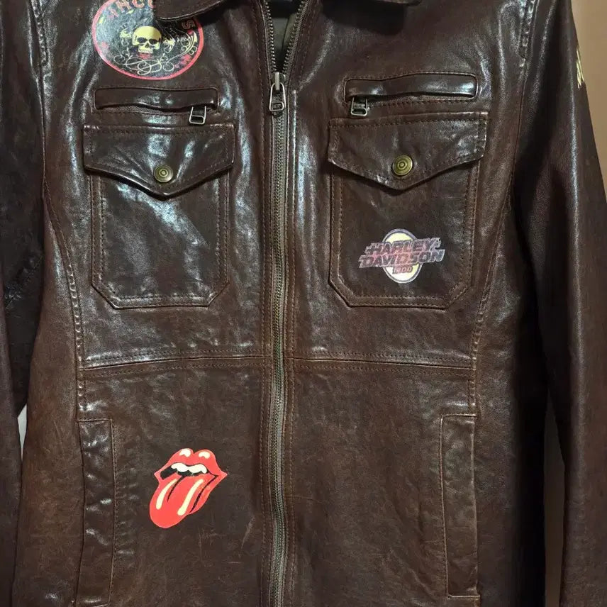[BUNJANG] Brown Lambskin Leather Jacket with Patch Detail / 브라운 양가죽 자켓 패치 장식