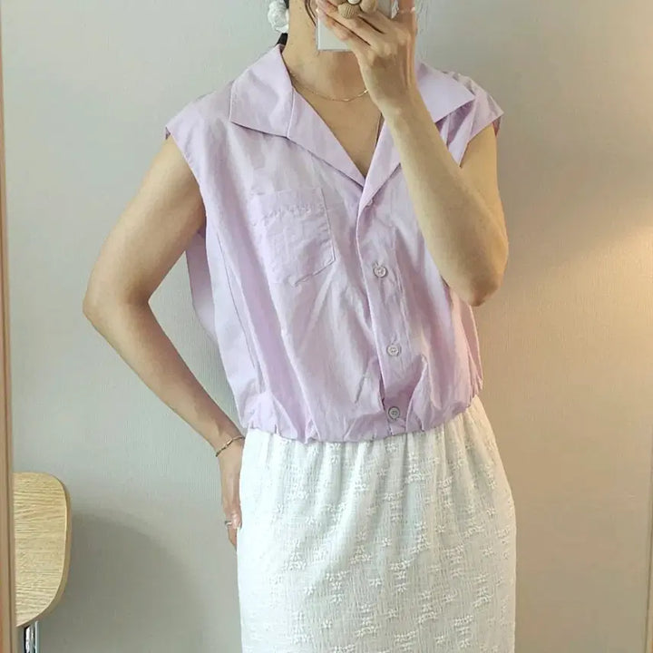 [BUNJANG] Merhen Open Collar Sleeveless Shirt / (55)메르헨 여성 민소매 셔츠 오픈카라넥