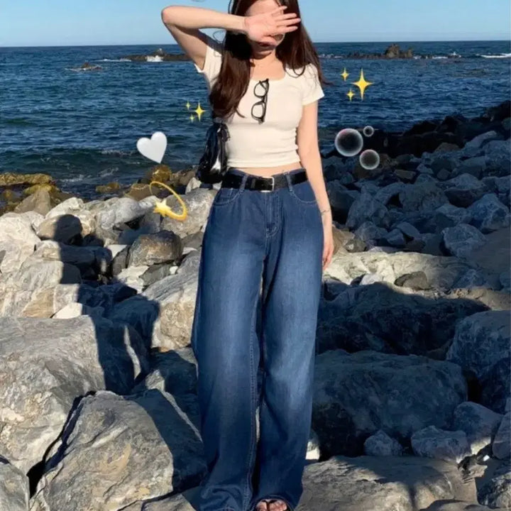 [BUNJANG] Unicon Summer Self-Produced Tencel Semi-Loose Fit Wide Jeans / 새상품 유니콩 여름 자체제작 텐셀 세미로우핏 후들후들 와이드 진청데님