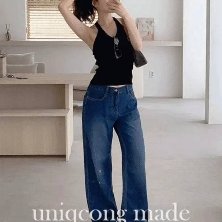 [BUNJANG] Unicon Summer Self-Produced Tencel Semi-Loose Fit Wide Jeans / 새상품 유니콩 여름 자체제작 텐셀 세미로우핏 후들후들 와이드 진청데님