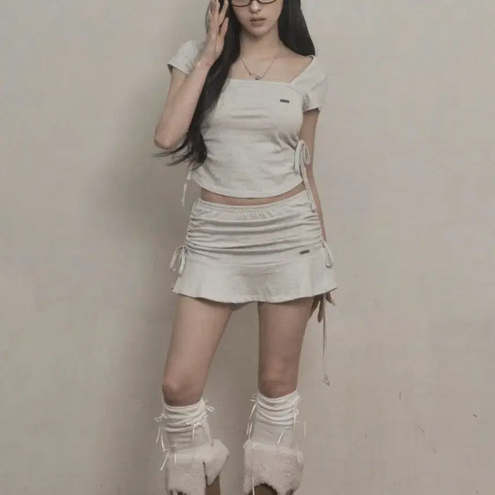 [BUNJANG] Khaki Point Ribbon Shirring T-Shirt + Skirt Set / 카키포인트 리본 셔링 티셔츠 + 스커트 set