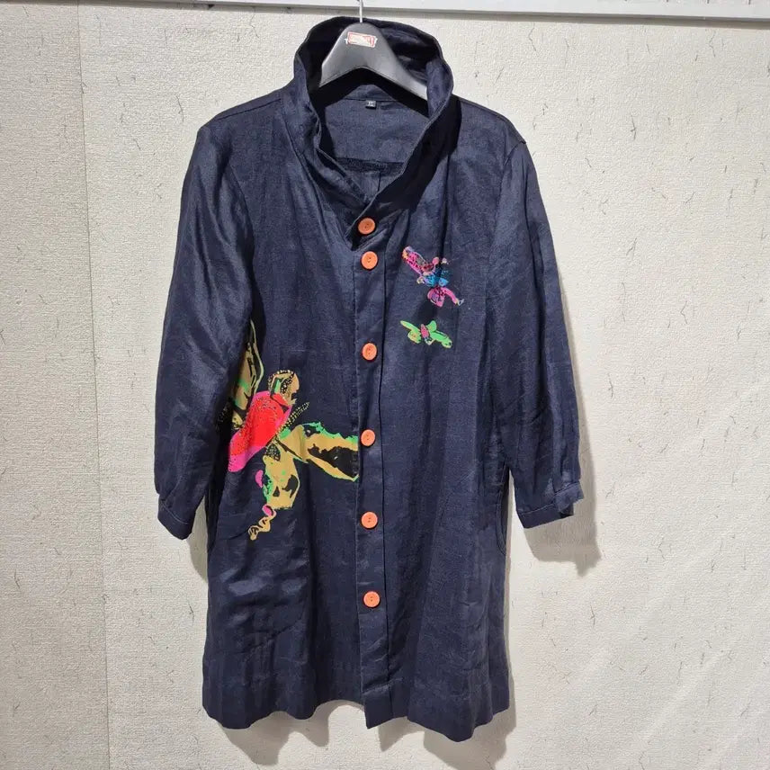 [BUNJANG] Linen Colorful Tie-Dye Long Shirt / 린넨 네이비 컬러풀 나염 롱 남방형 셔츠