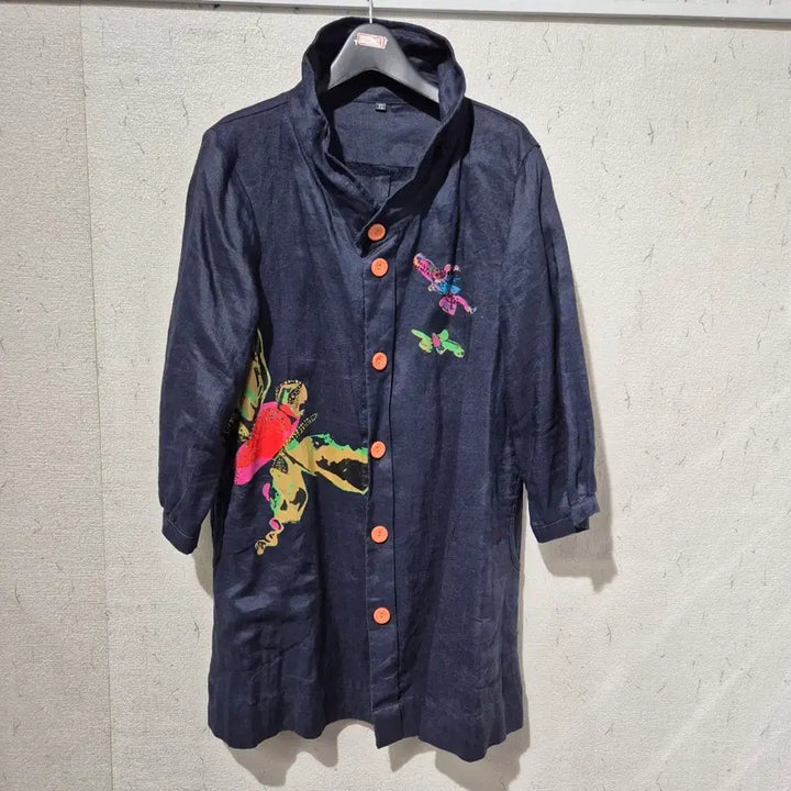 [BUNJANG] Linen Colorful Tie-Dye Long Shirt / 린넨 네이비 컬러풀 나염 롱 남방형 셔츠