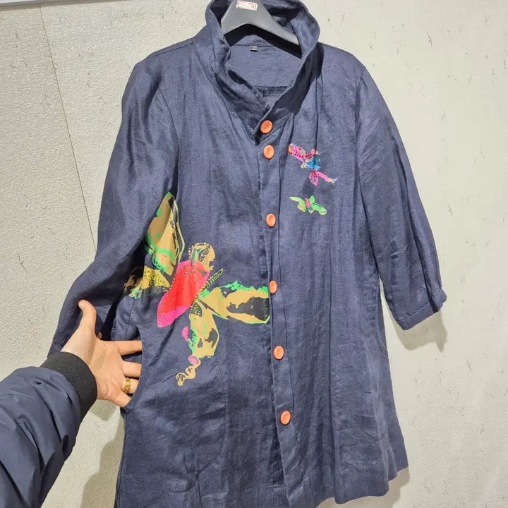 [BUNJANG] Linen Colorful Tie-Dye Long Shirt / 린넨 네이비 컬러풀 나염 롱 남방형 셔츠