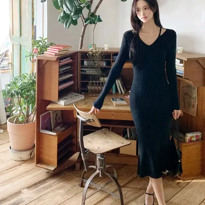 [BUNJANG] Milk Cocoa Slim Fit Knit Long Dress / 밀크코코아 블랙 슬림핏 니트 롱원피스