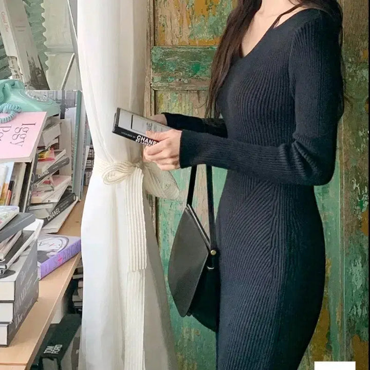 [BUNJANG] Milk Cocoa Slim Fit Knit Long Dress / 밀크코코아 블랙 슬림핏 니트 롱원피스