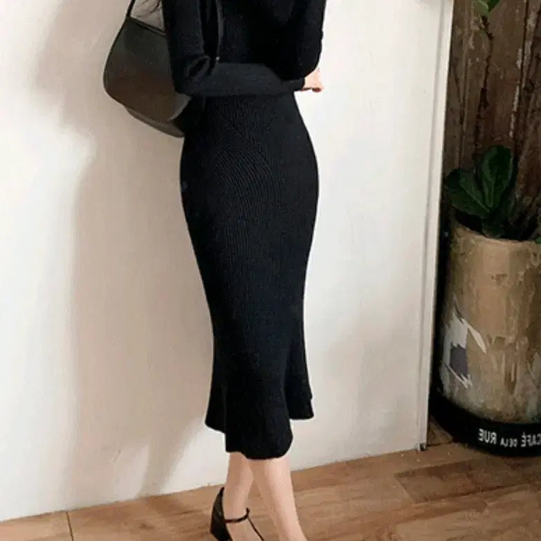 [BUNJANG] Milk Cocoa Slim Fit Knit Long Dress / 밀크코코아 블랙 슬림핏 니트 롱원피스