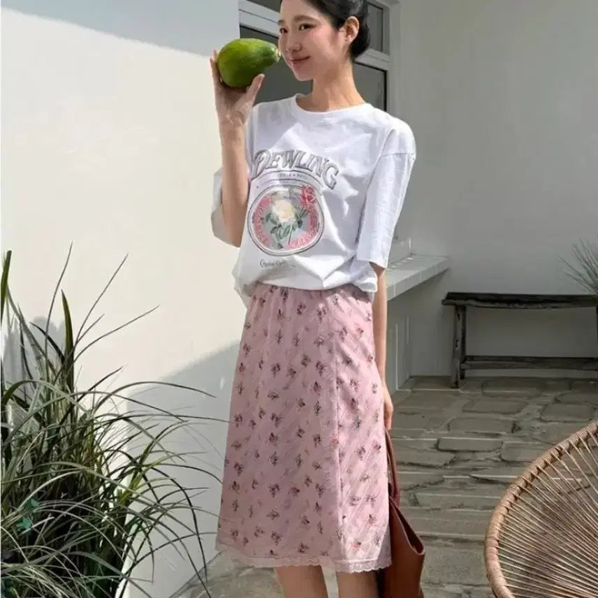 [BUNJANG] DEWL Flower Pattern Pink Lace Skirt / 듀엘 플라워 패턴 핑크 레이스 스커트