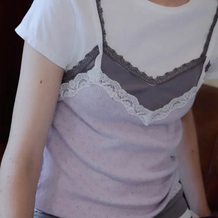 [BUNJANG] STAND ALONE Lace Bustier Short-Sleeved T-Shirt / STAND ALONE 레이스 뷔스티에 반팔티