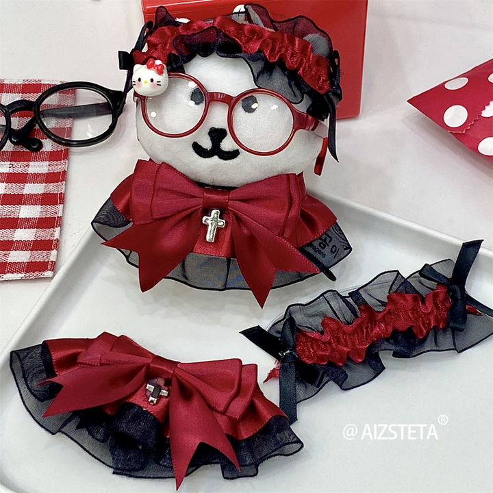 [BUNJANG] 10cm Doll Clothes Ribbon Lace Set - Red &amp; Black / 10깅 인형옷 리본 레이스 레드 블랙 헤도레 세트