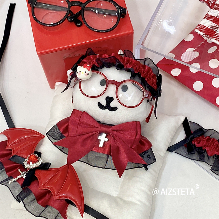[BUNJANG] 10cm Doll Clothes Ribbon Lace Set - Red &amp; Black / 10깅 인형옷 리본 레이스 레드 블랙 헤도레 세트