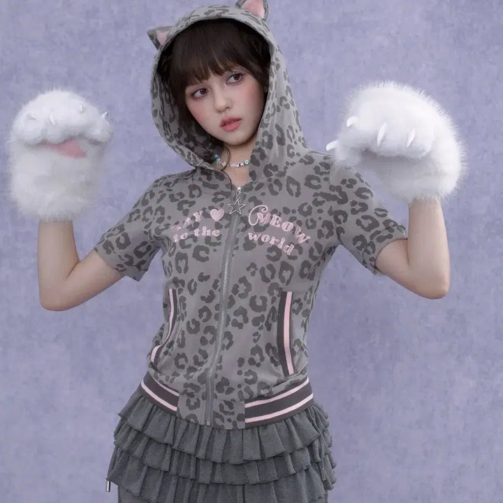 [BUNJANG] SagiDolls Pink Leopard Cat Ear Short Sleeve Hoodie Zip-up / SagiDolls 핑크 레오파드 고양이귀 반팔 후드집업