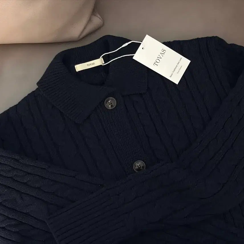 [BUNJANG] Tobas Cable Knit Collar Crop Cardigan Deep Navy / [새상품] 토바스 케이블 니트 카라 크롭 가디건 딥네이비