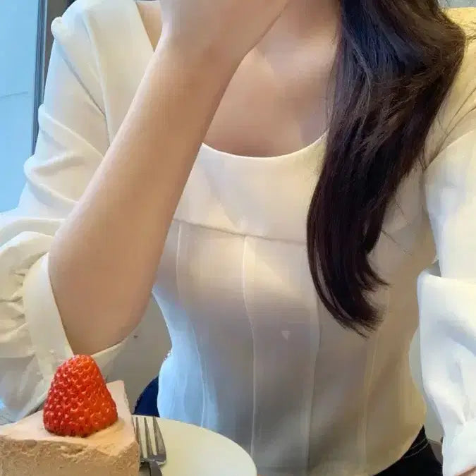[BUNJANG] Jenio White Square Neck 7-Sleeve Blouse / 제니오 화이트 스퀘어넥 7부 블라우스