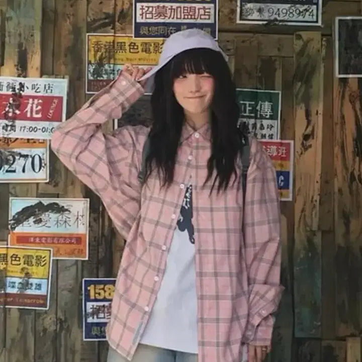 [BUNJANG] Filuminate Rhombus Tartan Check Shirt - Pink / 필루미네이트 롬버스 타탄 체크 셔츠-핑크 남여공용
