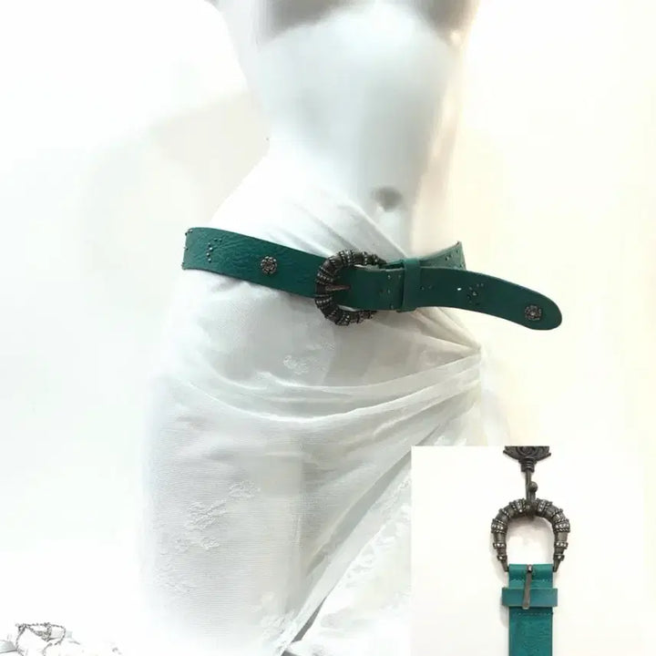 [BUNJANG] Teal Western Style Leather Belt with Buckle Detail / teal western buckle leather belt